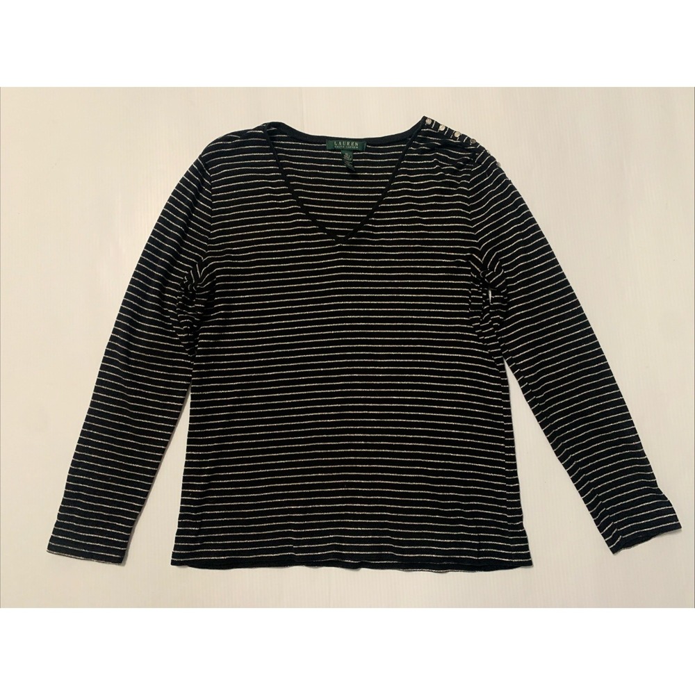 Lauren Ralph Lauren Women's Black Silver Striped V Neck Button Long Sleeve XL